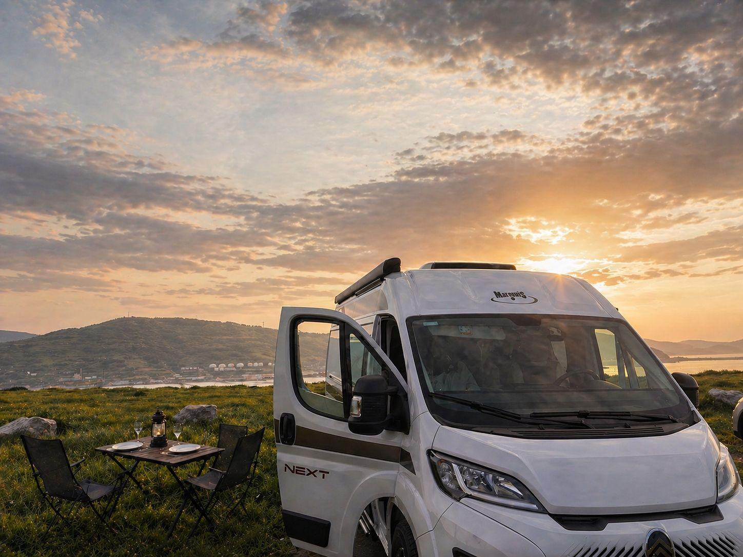 Camper BiziVan al atardecer en la costa de Bizkaia